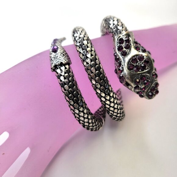 Vintage Mesh Purple Rhinestone 3 Coil Serpent SIlver Snake Bracelet - Picture 2 of 11